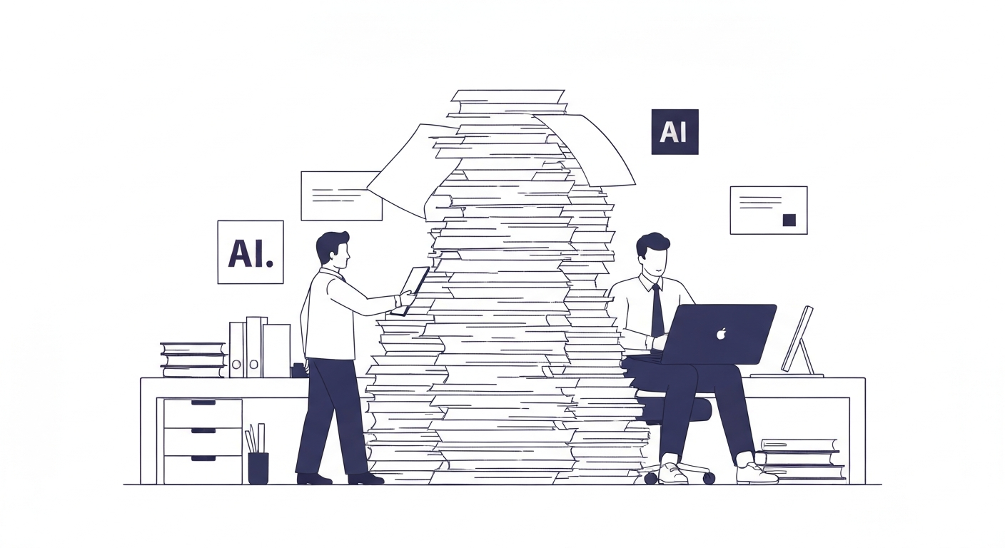 バックオフィス業務の書類の山をAIが効率的に処理する様子を抽象的に表現したイラスト。書類の山が整理されていくイメージ。