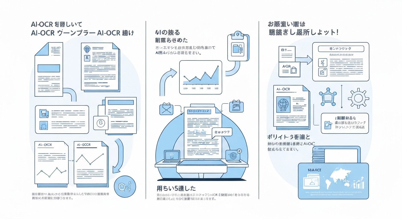 AI-OCRシステムの比較検討をイメージさせるイラスト。複数の選択肢の中から最適なものを選ぶ様子。