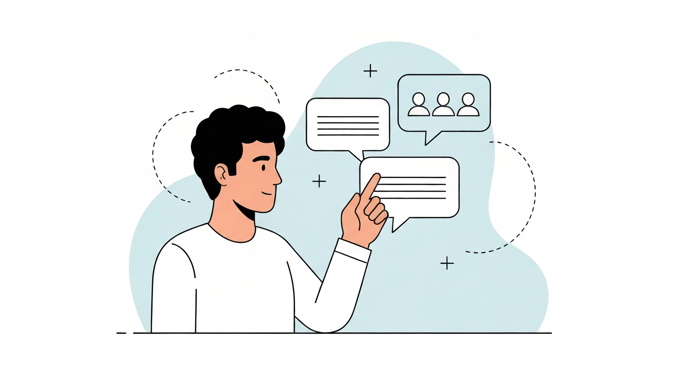 チャットボットと対話するユーザーのシンプルなイラスト。迅速な情報提供とコミュニケーションを象徴。テキストなし、人物なし。